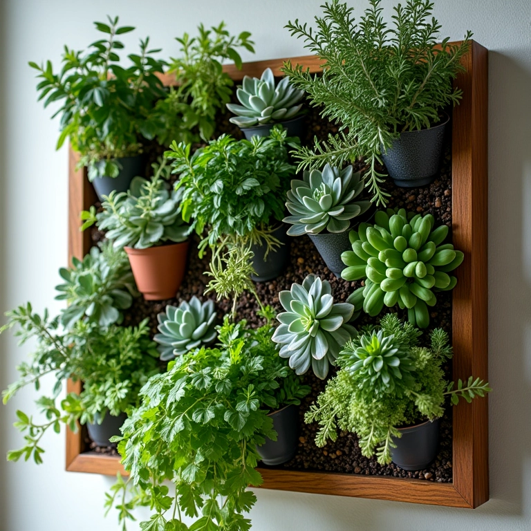 Jardim vertical com suculentas, ervas, samambaias e flores em apartamento pequeno.