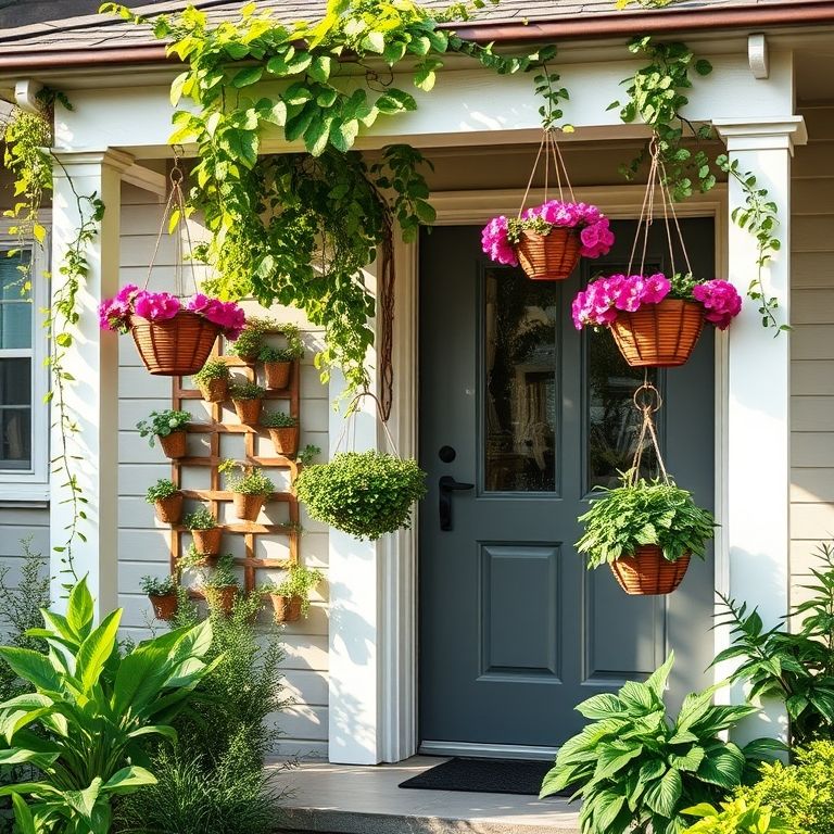 Jardim vertical com treliças e vasos suspensos em uma varanda.