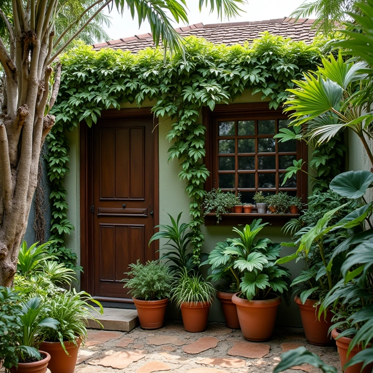 Jardim vertical com treliças para suporte de plantas trepadeiras.