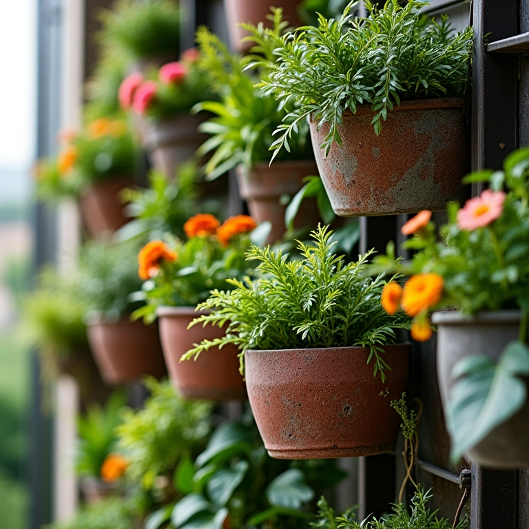 Jardim vertical com vasos suspensos, exibindo plantas individuais.