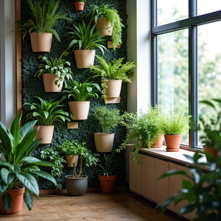 Jardim vertical com vasos suspensos, otimizando espaços em escritórios.