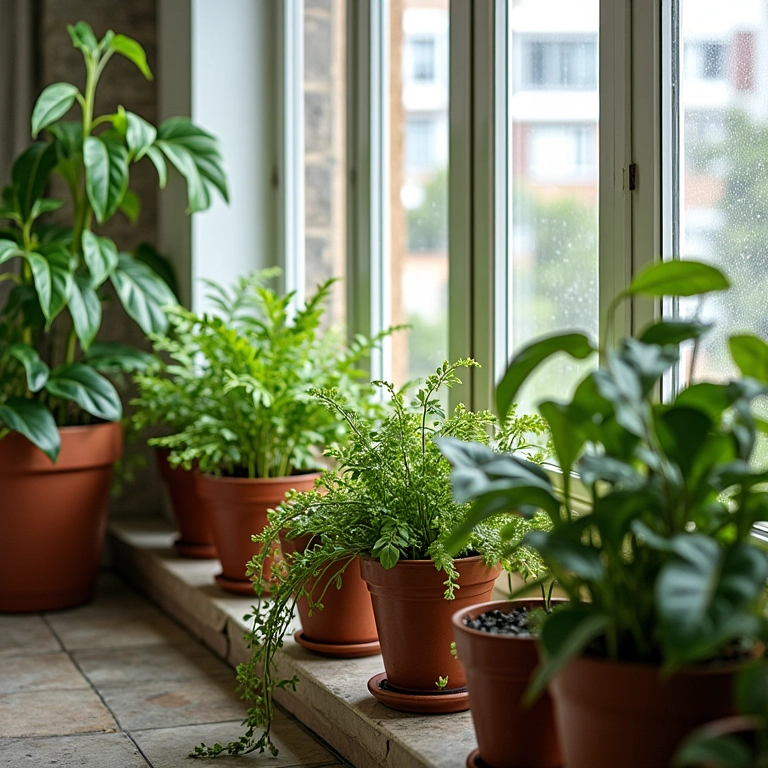 Jardim vertical com vasos suspensos.