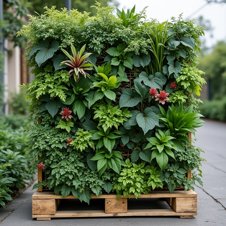 Jardim vertical de pallet com estrutura reforçada para evitar sobrepeso.
