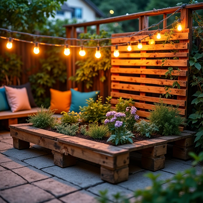 Jardim vertical de pallet finalizado em pátio, luzes e almofadas coloridas.