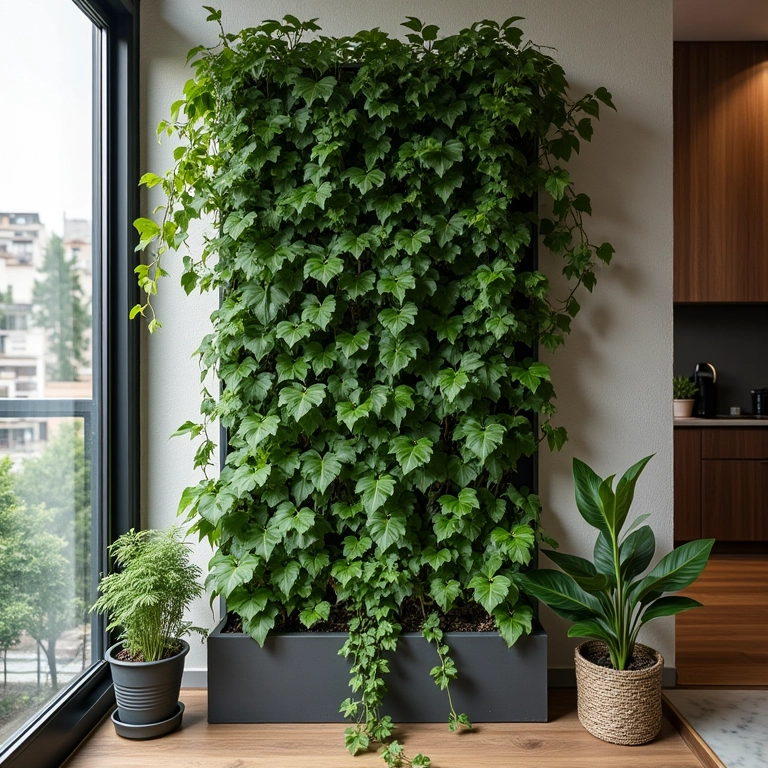 Jardim vertical em apartamento pequeno com hera caindo, criando atmosfera charmosa.