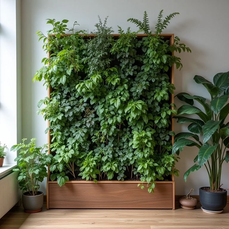 Jardim vertical em apartamento pequeno necessitando poda e limpeza.