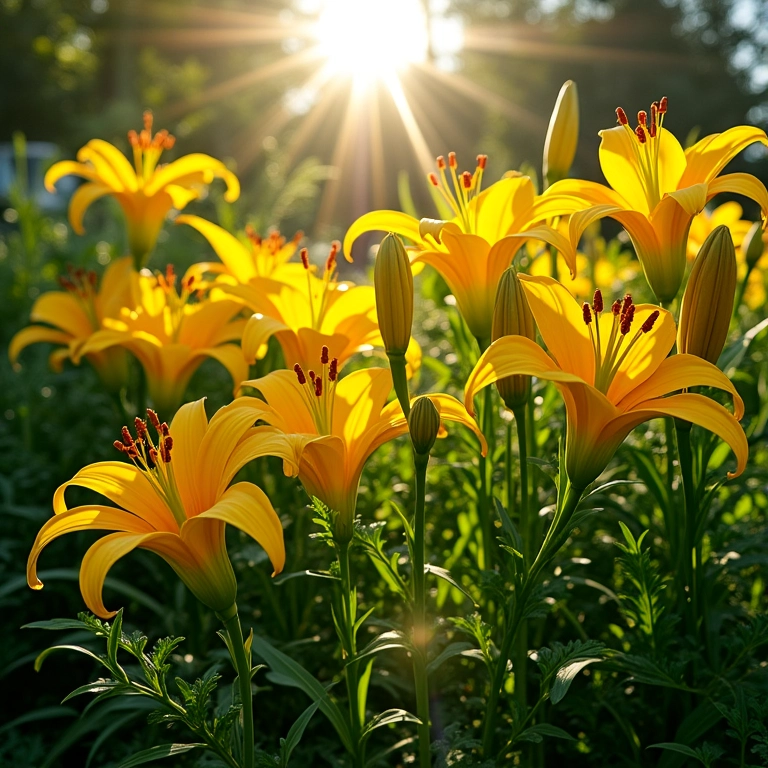 Jardim vertical exuberante com lírios amarelos e folhagem.