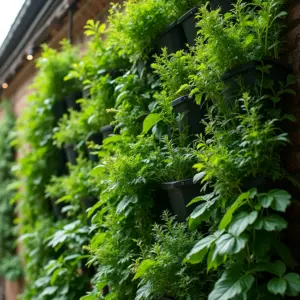 Jardim vertical exuberante em área gourmet brasileira, repleto de ervas frescas.