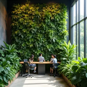 Jardim vertical exuberante em escritório brasileiro moderno, promovendo bem-estar e produtividade.