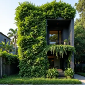 Jardim vertical exuberante em fachada de casa brasileira moderna, com plantas verdes vibrantes.