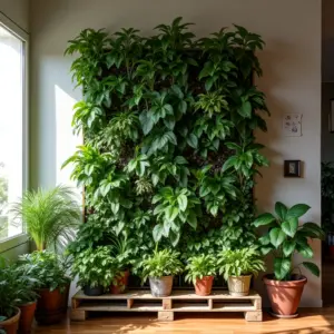 Jardim vertical exuberante em pallet, decoração vibrante estilo brasileiro.