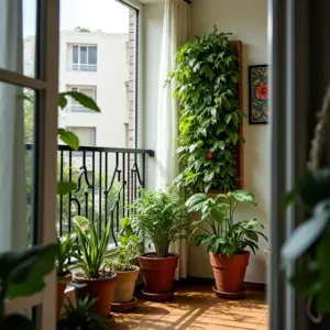 Jardim vertical exuberante em varanda de apartamento pequeno, com iluminação natural.
