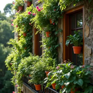 Jardim vertical exuberante em varanda gourmet, com ervas e flores.