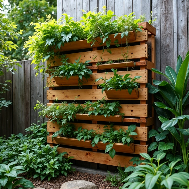 Jardim vertical feito com paletes de madeira reaproveitados em quintal brasileiro.