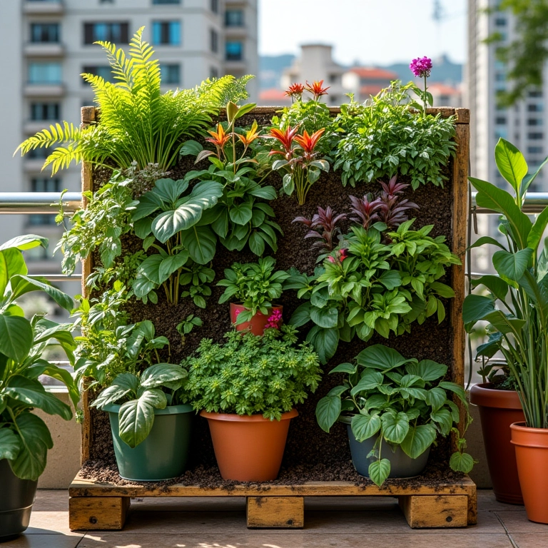 Jardim vertical feito com paletes reciclados em uma varanda ensolarada.