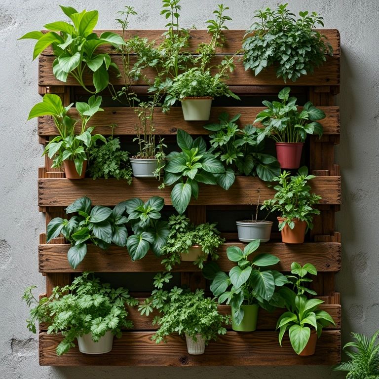 Jardim vertical feito com pallets de madeira reaproveitados.