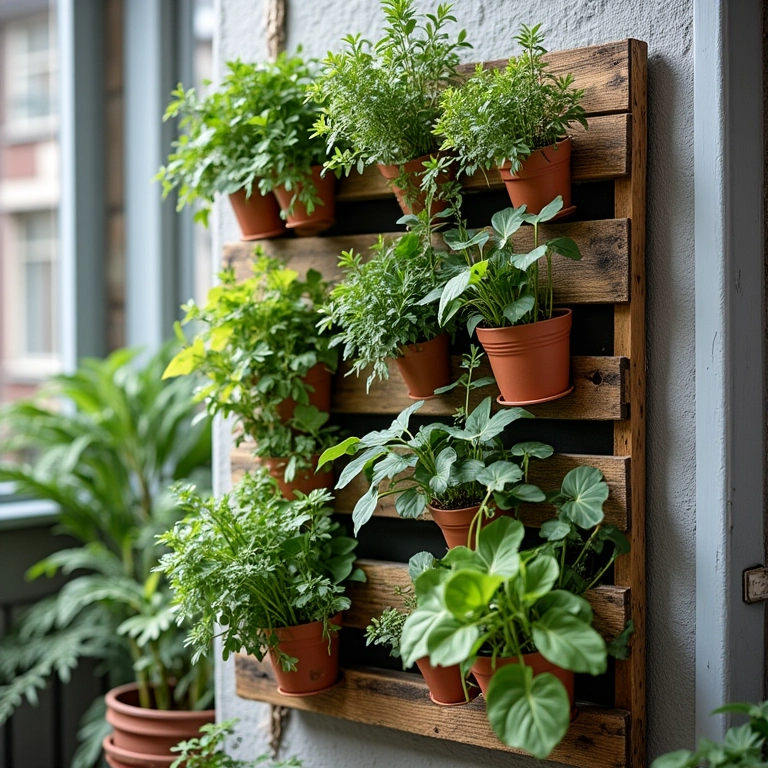 Jardim vertical feito com pallets reciclados, vida sustentável em varanda de apartamento pequeno.