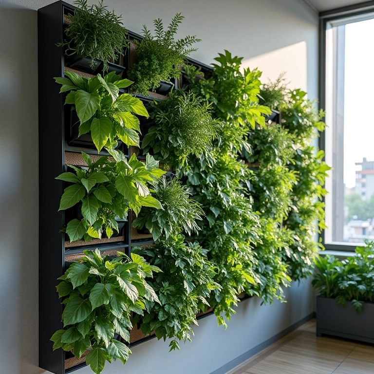 Jardim vertical modular em uma varanda.