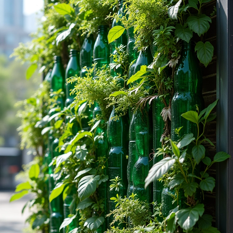 Jardim vertical pequeno com garrafas PET recicladas.