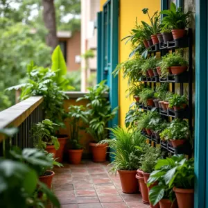 Jardim vertical pequeno e exuberante em varanda vibrante.