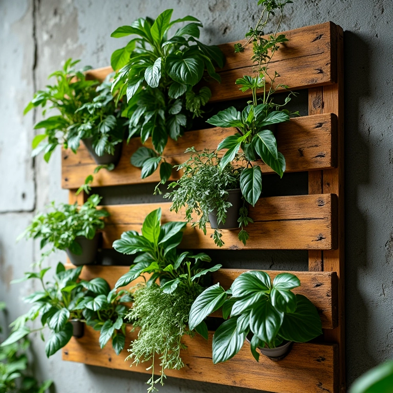 Jardim vertical pequeno feito com pallets de madeira.