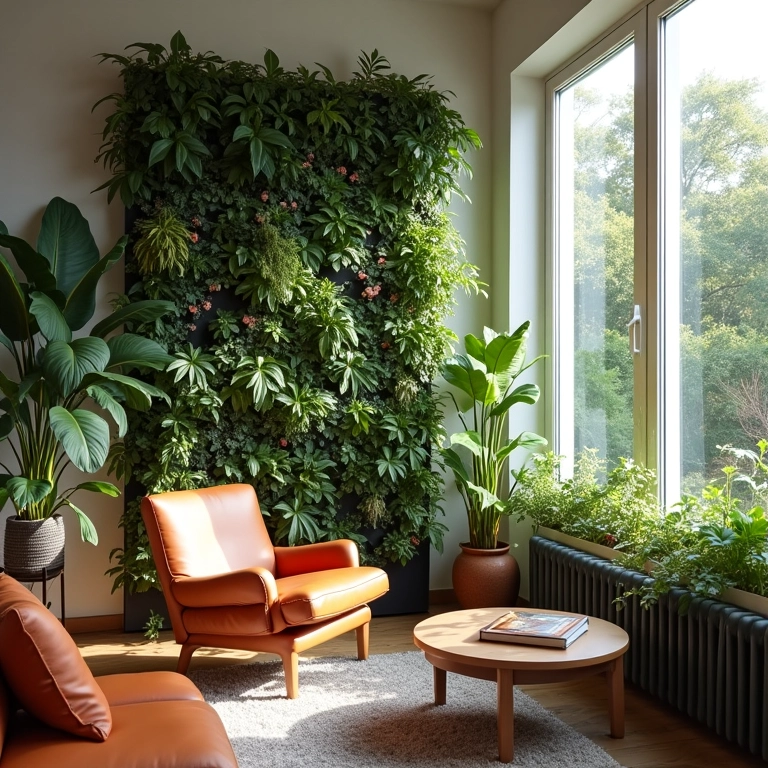 Jardim vertical pequeno próximo à janela em sala de estar.