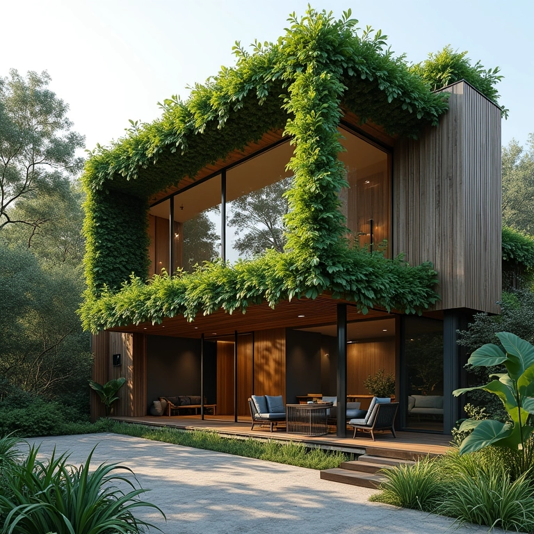 Jardim vertical proporcionando conforto térmico e acústico em casa moderna.