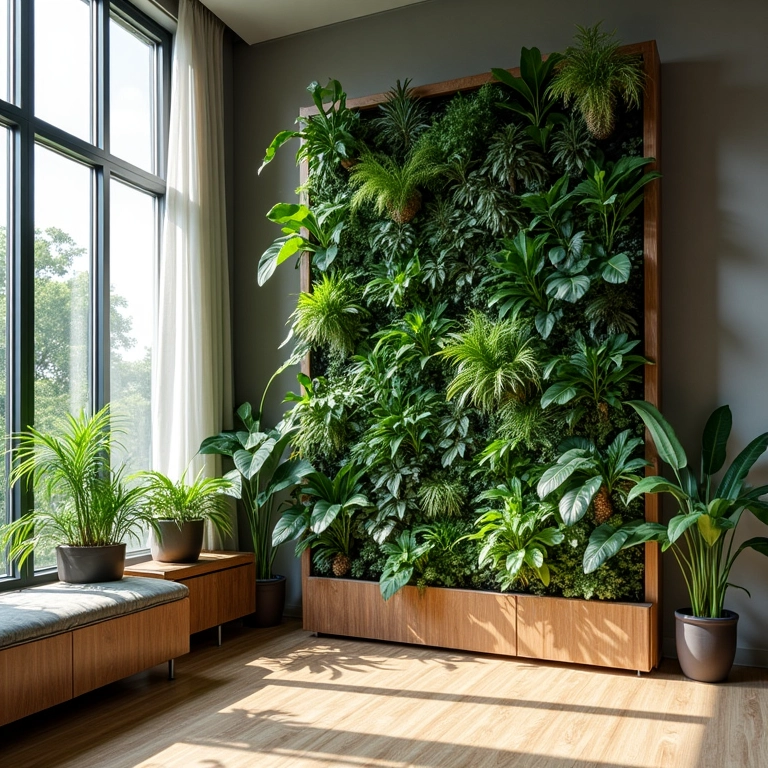 Jardim vertical purificando o ar e promovendo bem-estar em ambiente interno.