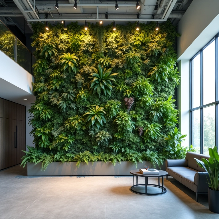 Jardim vertical purificando o ar e umidificando o ambiente em escritório moderno.