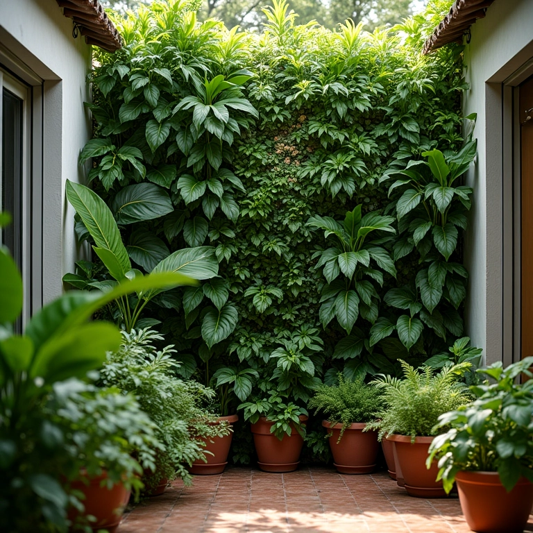 Jardim vertical purificando o ar em um pátio brasileiro.
