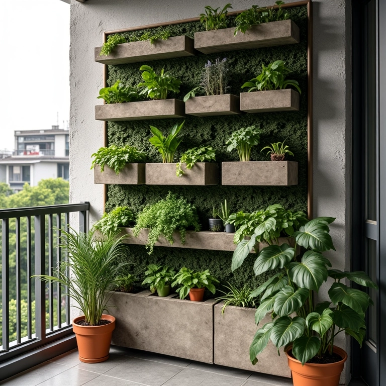 Jardim vertical rústico feito com blocos de concreto.