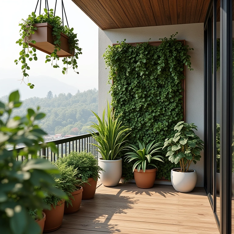 Jardim vertical suspenso adicionando leveza a uma varanda gourmet.