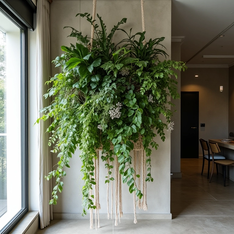 Jardim vertical suspenso em apartamento estiloso brasileiro.