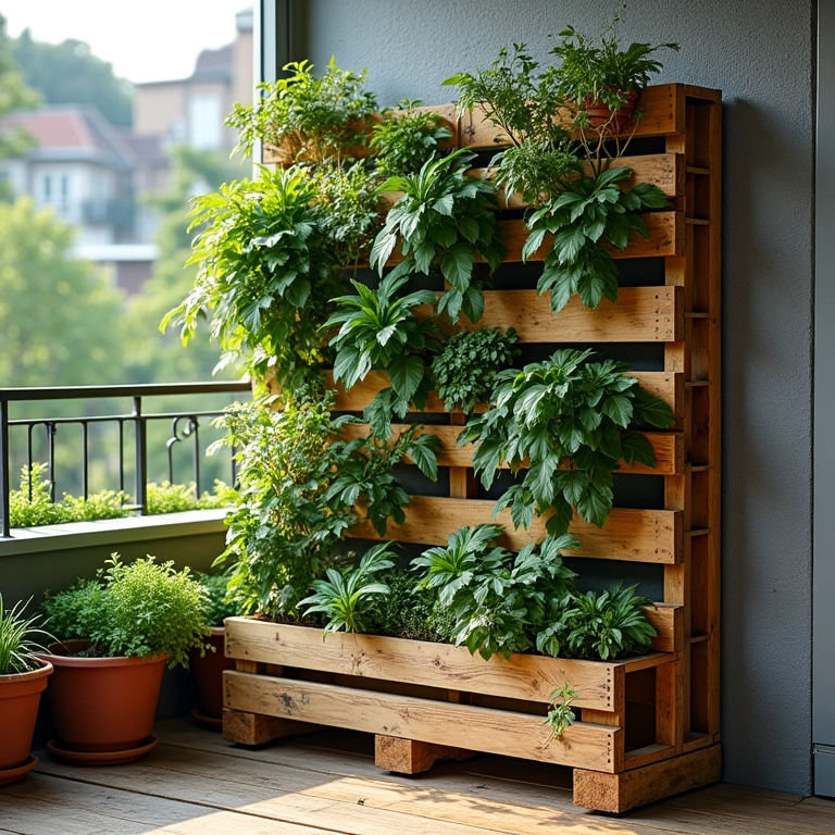 Jardim vertical sustentável feito com pallets em uma varanda.