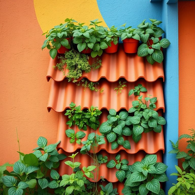 Jardim vertical sustentável feito com telhas fixadas em um muro colorido.