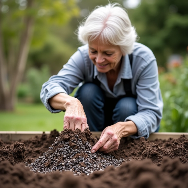 Jardineira misturando perlita no substrato.