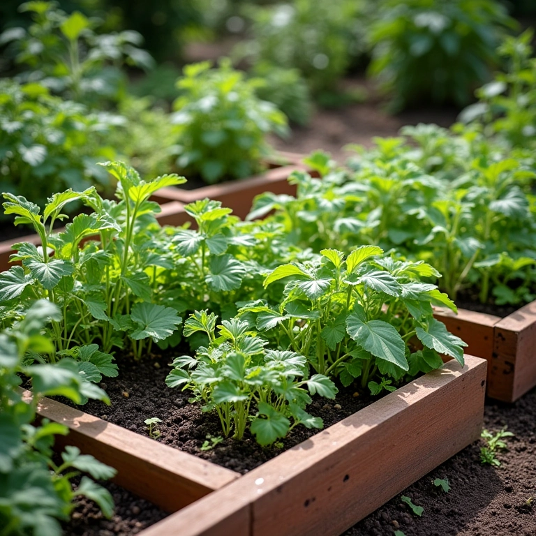 Jardineiras elevadas com divisórias, plantadas com diversas plantas companheiras.