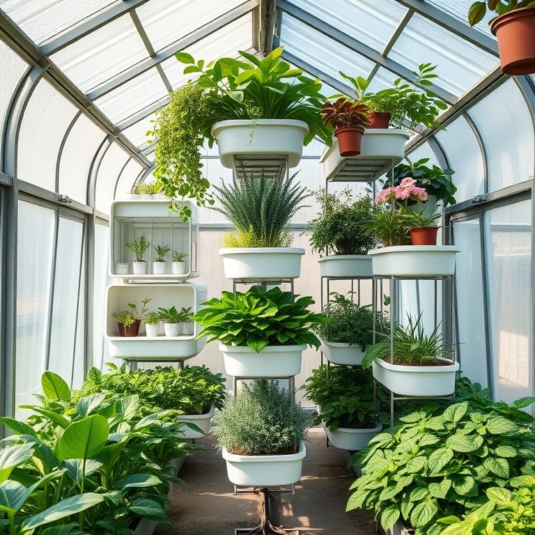 Jardineiras verticalmente empilhadas dentro de uma estufa, otimizando o espaço.