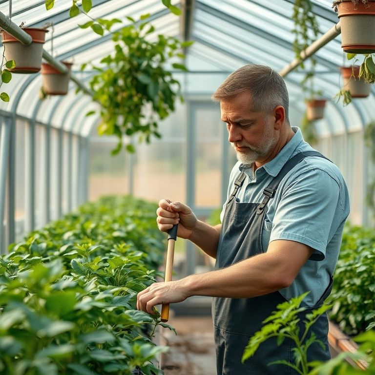Jardineiro mantendo plantas em uma estufa com facilidade.