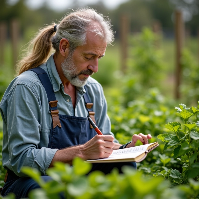Jardineiro observando as plantas e anotando informações.