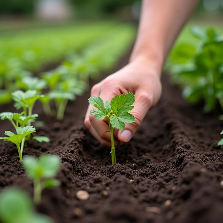 Jardineiro plantando sementes em uma horta doméstica, incentivando a economia.