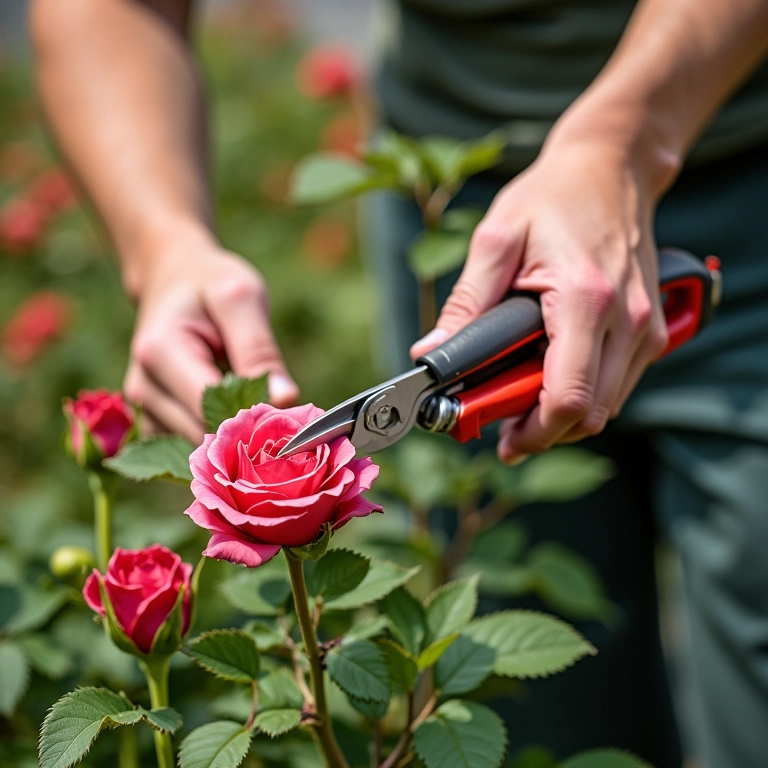 Jardineiro podando rosas com tesoura de poda Tramontina.