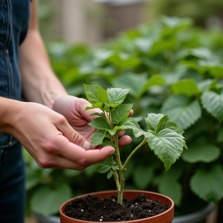 Jardineiro removendo folhas infestadas de planta.