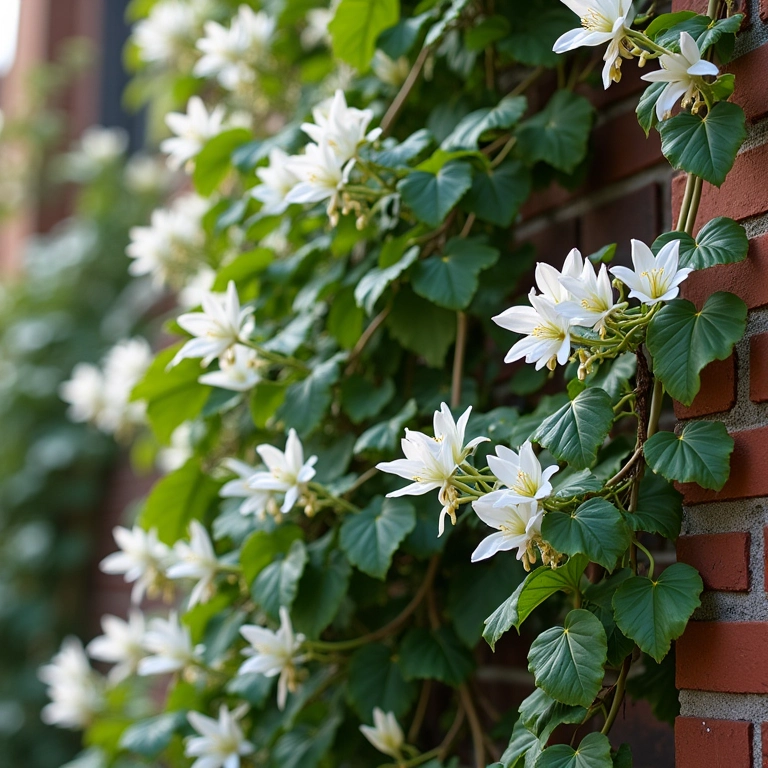Jasmim florescendo em um muro de tijolos, exalando um aroma delicado.