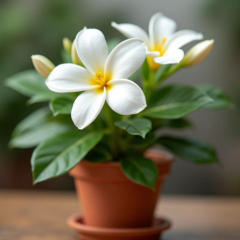 Jasmim-Italiano em vaso de terracota, perfume suave e elegância clássica.