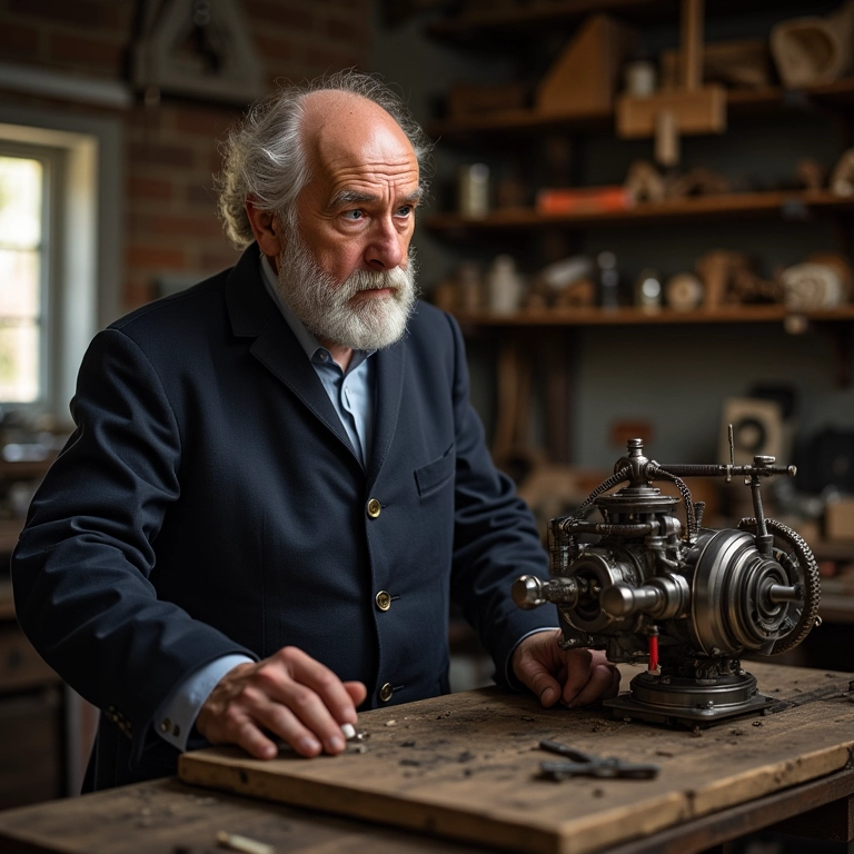 Jean Lenoir trabalhando em seu primeiro motor a combustão interna prático.
