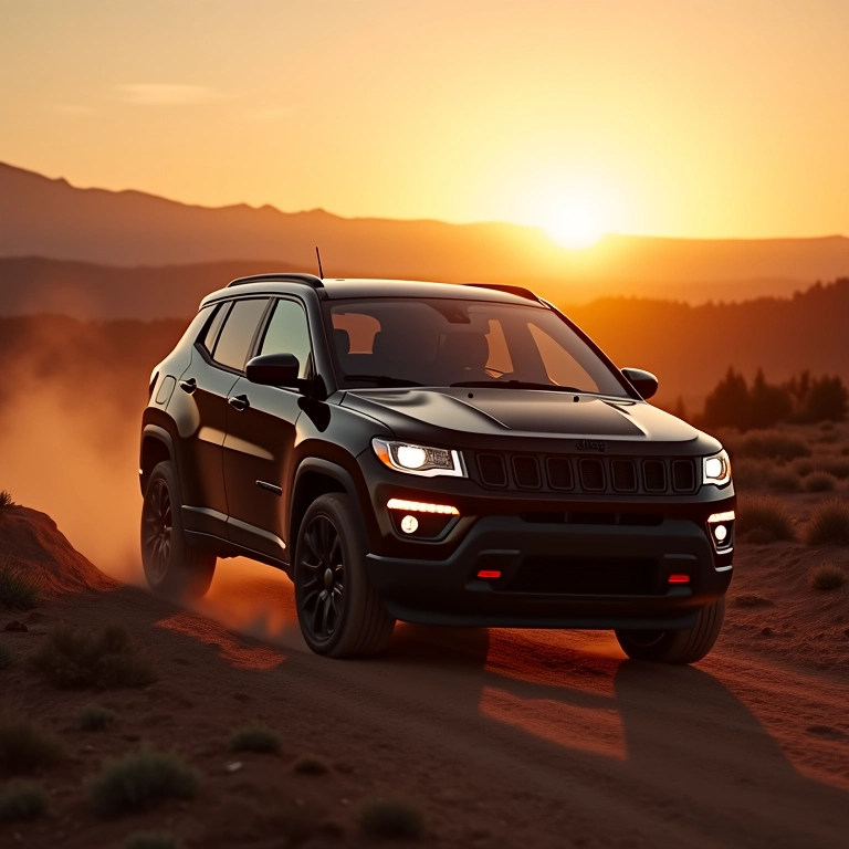 Jeep Compass dirigindo em estrada de terra ao pôr do sol.