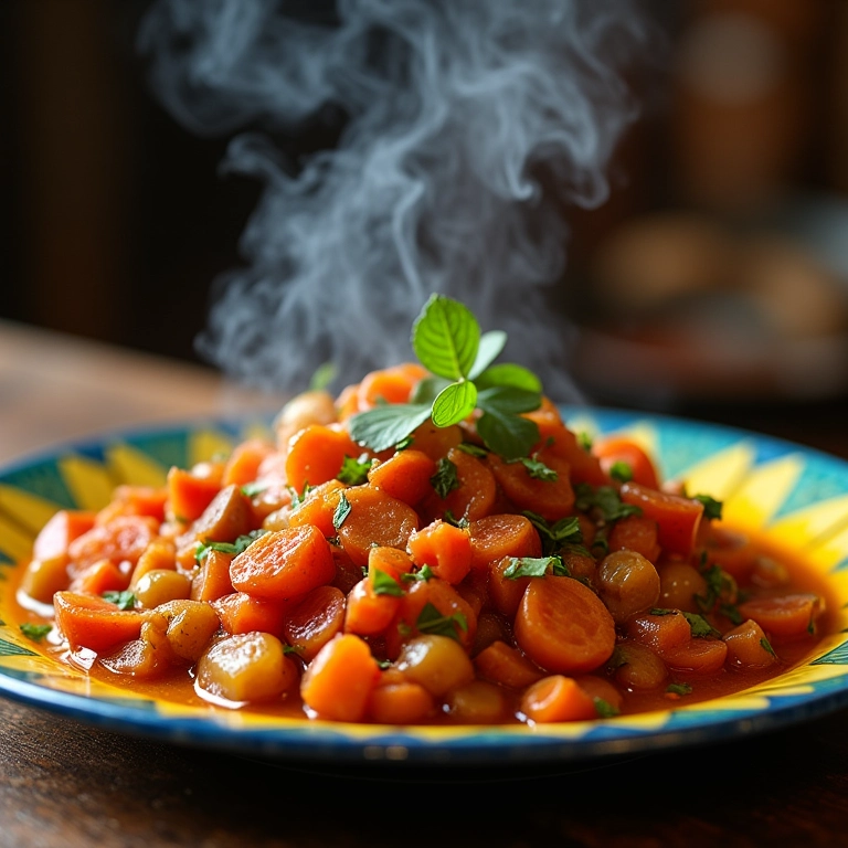 Jiló refogado em prato colorido.