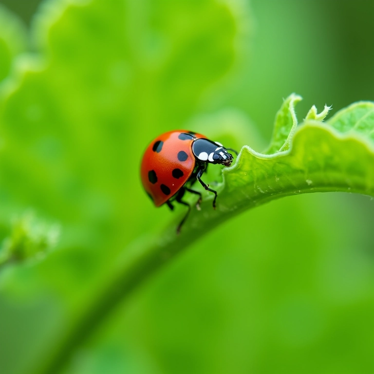Joaninha comendo pulgões em couve em horta de apartamento, controle natural de pragas.