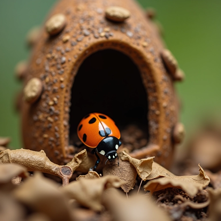 Joaninha entrando em casinha com folhas secas.